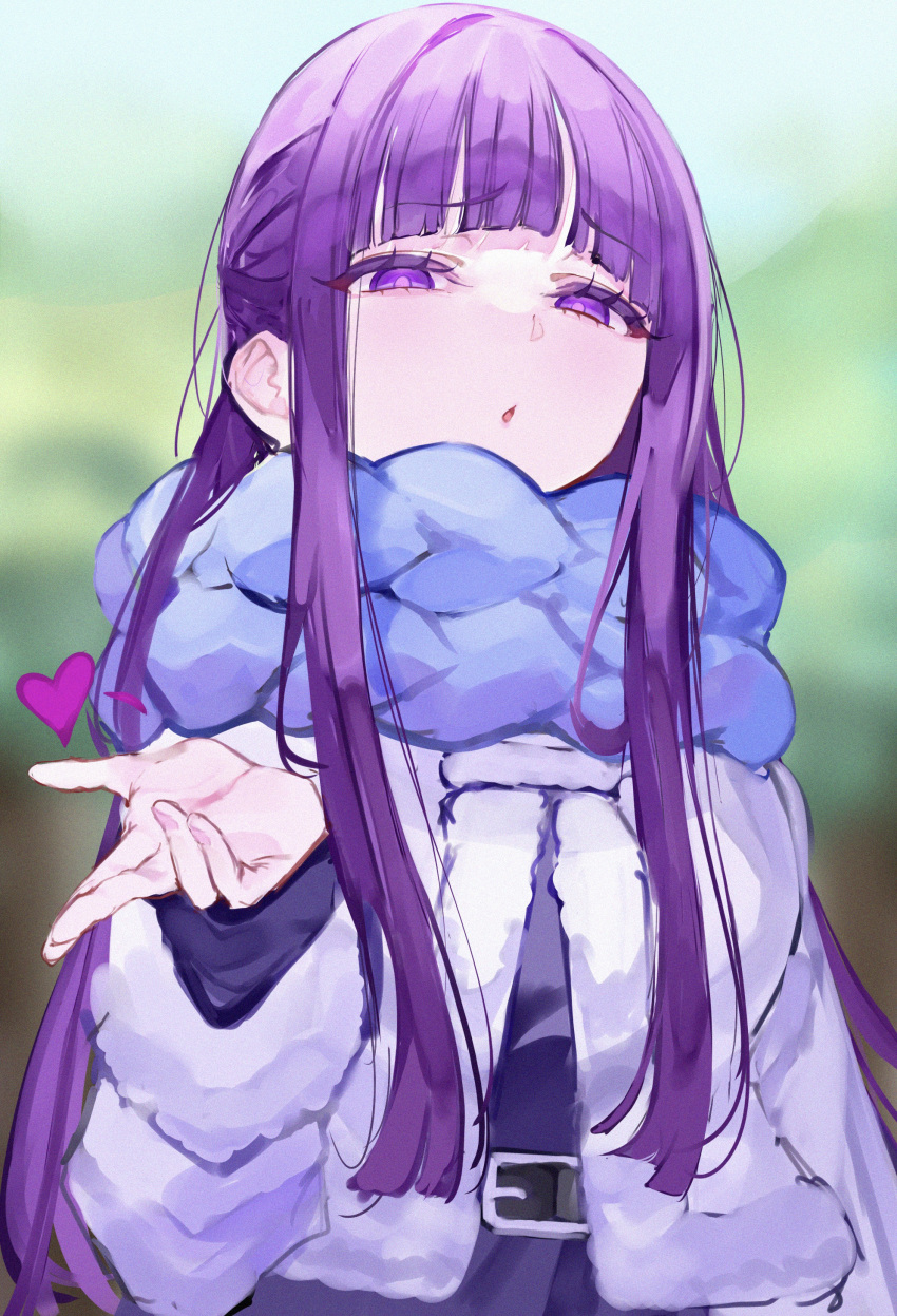 1girl absurdres blue_scarf blunt_bangs breasts fern_(sousou_no_frieren) highres jacket large_breasts long_hair long_sleeves looking_at_viewer mile_(off8mile) open_mouth purple_hair scarf sidelocks solo sousou_no_frieren violet_eyes white_jacket