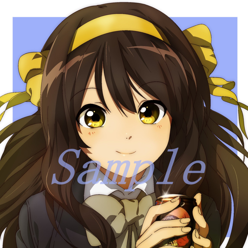 1girl blue_background blush border bow brown_hair can close-up closed_mouth commentary floating_hair hair_between_eyes hair_bow hair_ribbon hairband hands_up happy highres holding holding_can long_hair looking_at_viewer mogege_gk ribbon sample_watermark school_uniform sidelocks simple_background smile solo suzumiya_haruhi suzumiya_haruhi_no_yuuutsu very_long_hair watermark white_border yellow_bow yellow_eyes yellow_hairband yellow_ribbon