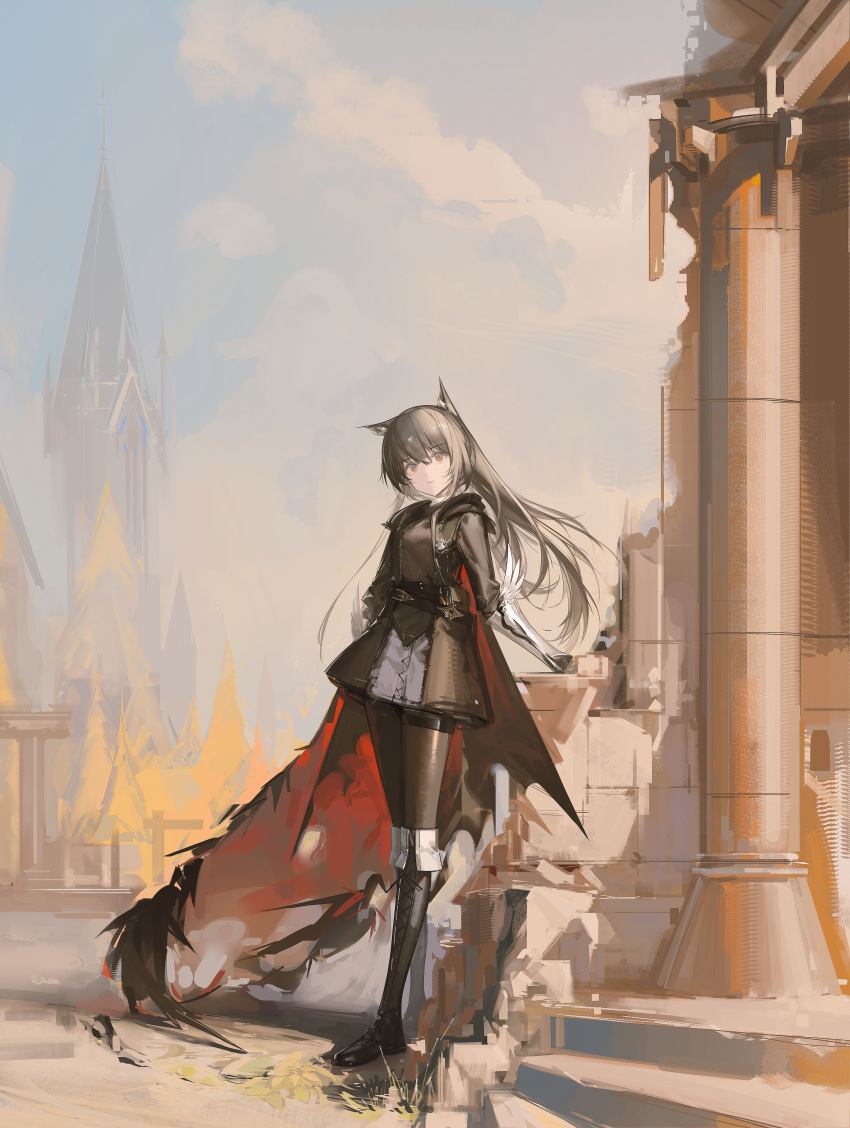 1girl absurdres animal_ears arknights belt black_belt black_cape black_dress black_footwear black_thighhighs boboyo boots brown_eyes cape closed_mouth column dress full_body grey_hair highres long_hair looking_at_viewer outdoors pillar smile texas_(arknights) thigh-highs
