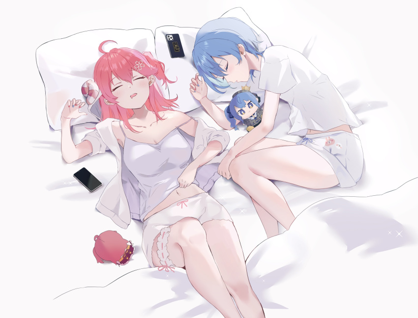 2girls aya02ka blue_hair breasts bridal_garter camisole character_doll closed_eyes commentary_request drooling feet_out_of_frame highres hololive hoshimachi_suisei long_hair lying medium_breasts mouth_drool multiple_girls on_back on_bed pillow pink_hair sakura_miko shirt short_hair shorts sleeping sleepwear thigh_strap virtual_youtuber white_camisole white_shirt white_shorts