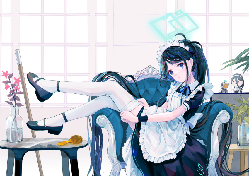 1girl absurdly_long_hair adjusting_clothes adjusting_legwear apron aris_(blue_archive) aris_(maid)_(blue_archive) black_dress black_hair black_wristband blue_archive blue_eyes blush commentary_request crossed_legs dress forest_0 frilled_apron frilled_dress frills from_side full_body highleg indoors legs_up long_hair looking_at_viewer maid_apron maid_headdress on_chair open_mouth pale_skin ponytail short_sleeves sitting sitting_sideways solo staring thigh-highs very_long_hair white_apron