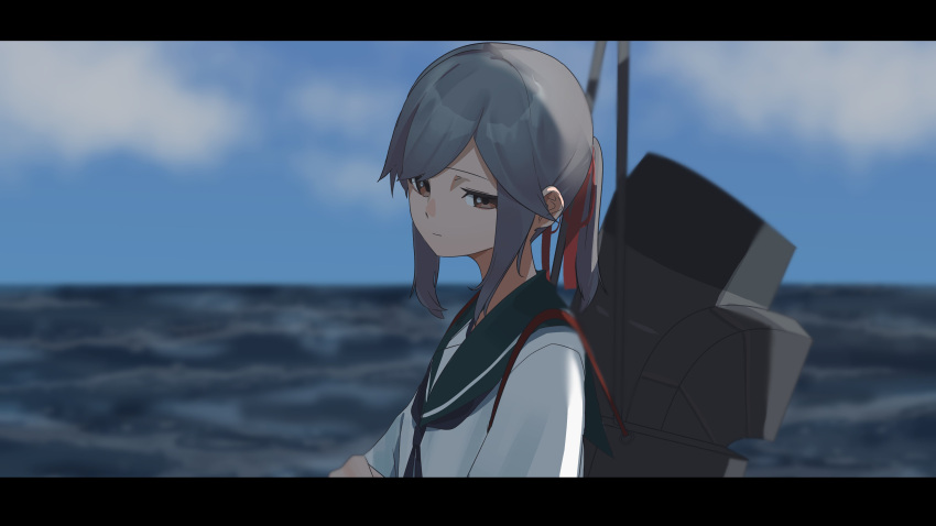 1girl absurdres blue_sailor_collar brown_eyes closed_mouth clouds day grey_hair hair_ribbon hato_kan highres kantai_collection letterboxed long_hair looking_at_viewer neckerchief ocean outdoors ribbon rigging sailor_collar school_uniform sky solo upper_body usugumo_(kancolle)