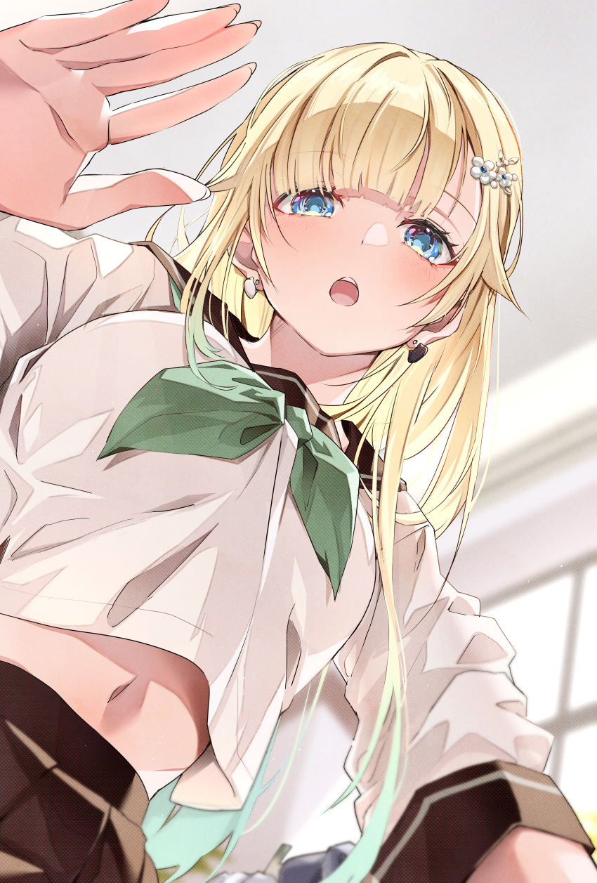 1girl absurdres aizawa_ema blonde_hair blue_eyes blush earrings gradient_hair hair_ornament highres jewelry long_hair long_sleeves looking_at_viewer multicolored_hair navel open_clothes open_mouth parted_bangs ruo19 sailor_collar school_uniform skirt solo uniform upper_body virtual_youtuber vspo!