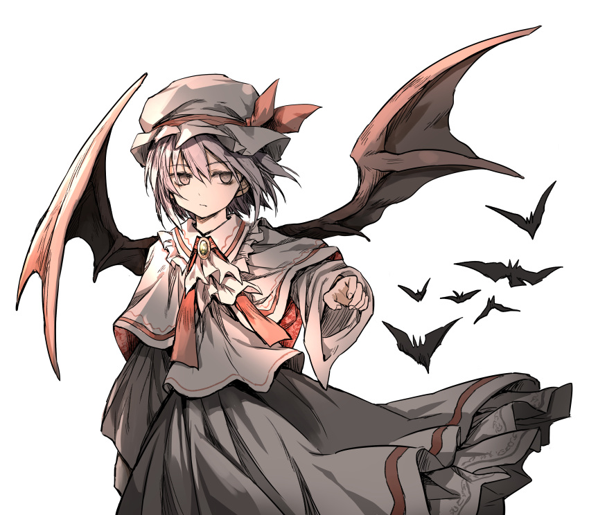 1girl absurdres ascot bat_(animal) bat_wings brooch collar collared_dress commentary cowboy_shot dress expressionless frilled_collar frilled_dress frills grey_eyes hat hat_ribbon highres jewelry layered_clothes long_sleeves looking_to_the_side medium_hair mob_cap outstretched_arm red_ribbon remilia_scarlet ribbon shimoda_masaya simple_background solo touhou white_ascot white_background white_dress white_hair white_headwear wings