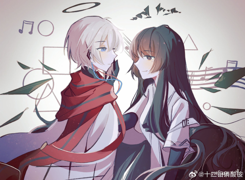 1boy 1girl ahoge ammoniumdodecamolybdate arknights artist_name backlighting belt belt_buckle black_eyes black_gloves black_hair black_halo black_wings bloom blue_eyes breasts broken_halo buckle cable chinese_commentary chinese_text circle cloak closed_mouth commentary_request cousins dark_halo detached_wings earpiece elbow_gloves energy_wings executor_(arknights) executor_the_ex_foedere_(arknights) expressionless eye_contact floating_hair from_side gloves gradient_background grey_background grey_hair hair_between_eyes hair_flowing_over halo hand_on_another's_cheek hand_on_another's_face hand_up jacket layered_sleeves light_particles light_smile long_hair long_sleeves looking_ahead looking_at_another mechanical_halo mechanical_wings messy_hair mole mole_under_eye multicolored_cloak musical_note official_alternate_costume pale_skin parted_bangs profile red_cloak shadow short_hair short_over_long_sleeves short_sleeved_jacket short_sleeves sidelocks single_vertical_stripe small_breasts square staff_(music) standing straight_hair striped triangle two-tone_cloak upper_body vertical_stripes very_long_hair virtuosa_(arknights) watermark weibo_logo weibo_username white_belt white_cloak white_jacket wings yellow_pupils