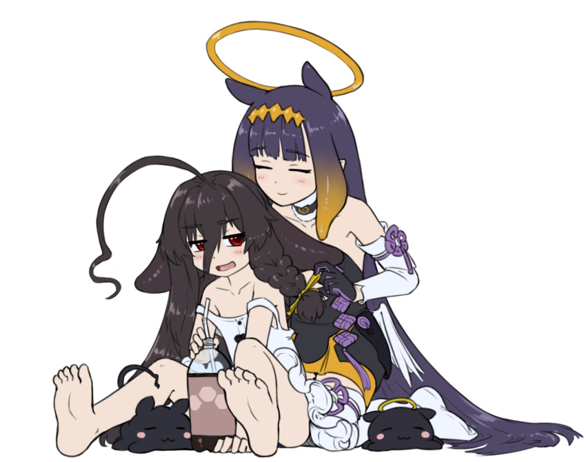 2girls absurdly_long_hair ahoge alloyrabbit azur_lane bare_shoulders barefoot behind_another bendy_straw black_dress black_hair blush bow closed_eyes closed_mouth cola collarbone crossover dress dress_slip drinking_straw english_commentary feathered_wings feet gradient_hair hair_between_eyes hair_bow halo highres hololive hololive_english huge_ahoge jitome kneeling long_hair looking_at_another low_wings multicolored_hair multiple_girls ninomae_ina'nis ninomae_ina'nis_(1st_costume) open_mouth orange_hair pointy_ears red_eyes simple_background sitting smile soda soda_bottle soles takodachi_(ninomae_ina'nis) tentacle_hair thigh-highs toes trait_connection tying_hair very_long_hair white_background white_dress white_thighhighs white_wings whydah_(azur_lane) whydah_(lazy_pirate_angel)_(azur_lane) wings yellow_bow