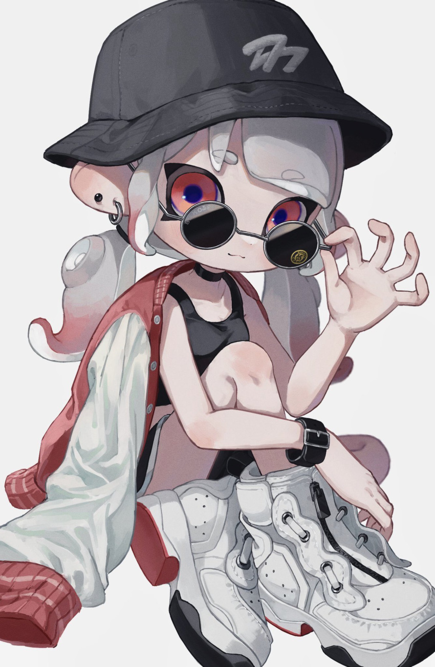 1girl adjusting_eyewear black_choker black_headwear choker closed_mouth commentary_request ear_piercing earrings gradient_hair grey_hair hat highres jacket jewelry long_hair multicolored_hair myon_rio octoling octoling_girl open_clothes open_jacket piercing red_eyes red_jacket redhead shoes simple_background sitting solo splatoon_(series) sunglasses two-tone_hair white_background white_footwear