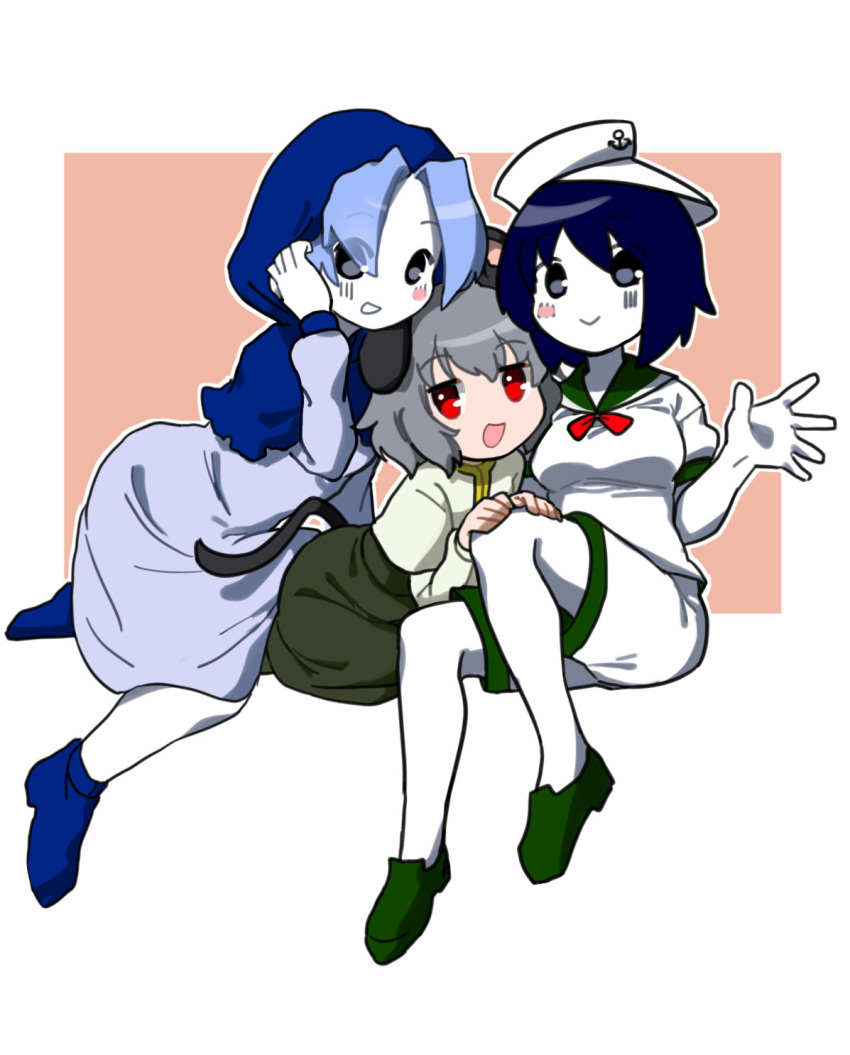 3girls anchor_symbol animal_ears black_eyes blue_dress blue_footwear blue_hair blue_hood blush breasts capelet closed_mouth colored_skin commentary_request cookie_(touhou) dress eyes_visible_through_hair flour_(cookie) full_body green_footwear green_sailor_collar grey_hair grey_skirt grey_vest hat highres hood hood_up kakusou kumoi_ichirin layered_clothes loafers long_sleeves looking_at_viewer medium_bangs medium_breasts milk_(cookie) mouse_ears mouse_girl mouse_tail multiple_girls murasa_minamitsu nazrin nyon_(cookie) open_mouth pink_background red_eyes sailor_collar sailor_hat sailor_shirt shirt shoes short_hair shorts sideways_hat simple_background skirt skirt_set smile tail touhou two-tone_background vest waving white_background white_capelet white_headwear white_shirt white_shorts white_skin