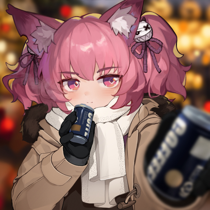 1girl alternate_costume animal_ear_fluff animal_ears arknights blush brown_jacket can canned_coffee closed_mouth commentary fox_ears fox_girl highres incoming_drink jacket looking_at_viewer nejime purple_hair reaching reaching_towards_viewer scarf shamare_(arknights) shio_(shiofeifei) short_hair solo symbol-only_commentary twintails violet_eyes white_scarf