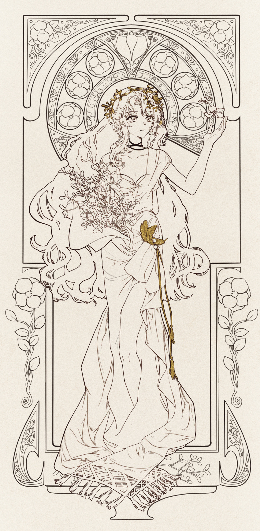 1girl absurdres art_nouveau bouquet closed_mouth crescent crescent_hair_ornament dress druvis_iii flower full_body hair_ornament hand_up highres holding holding_bouquet leaf_hair_ornament lineart long_dress long_hair looking_to_the_side mistletoe monochrome procreate_(medium) reverse:1999 side_slit solo spot_color very_long_hair white_flower zhuyingmiao
