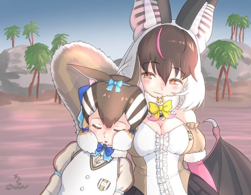 animal_ears bare_shoulders bat_ears bat_girl bat_wings black_skirt blue_bow blue_bowtie blush bow bowtie breast_pocket brown_hair brown_long-eared_bat_(kemono_friends) brown_shirt center_frills closed_eyes detached_sleeves elbow_gloves extra_ears frilled_sleeves frills fur_trim gloves hair_bow height_difference highres honduran_white_bat_(kemono_friends) japari_symbol juliet_sleeves kemono_friends kemono_friends_v_project light_brown_hair long_sleeves multicolored_hair nokemono-san_(bocchi_friend) orange_eyes pink_gloves pleated_skirt pocket puffy_short_sleeves puffy_sleeves shirt short_hair short_sleeves showgirl_skirt siberian_chipmunk_(kemono_friends) sidelocks skirt smile squirrel_ears squirrel_girl squirrel_tail tail two-tone_hair two-tone_shirt vest virtual_youtuber white_fur white_hair white_shirt white_vest wings yellow_bow yellow_bowtie