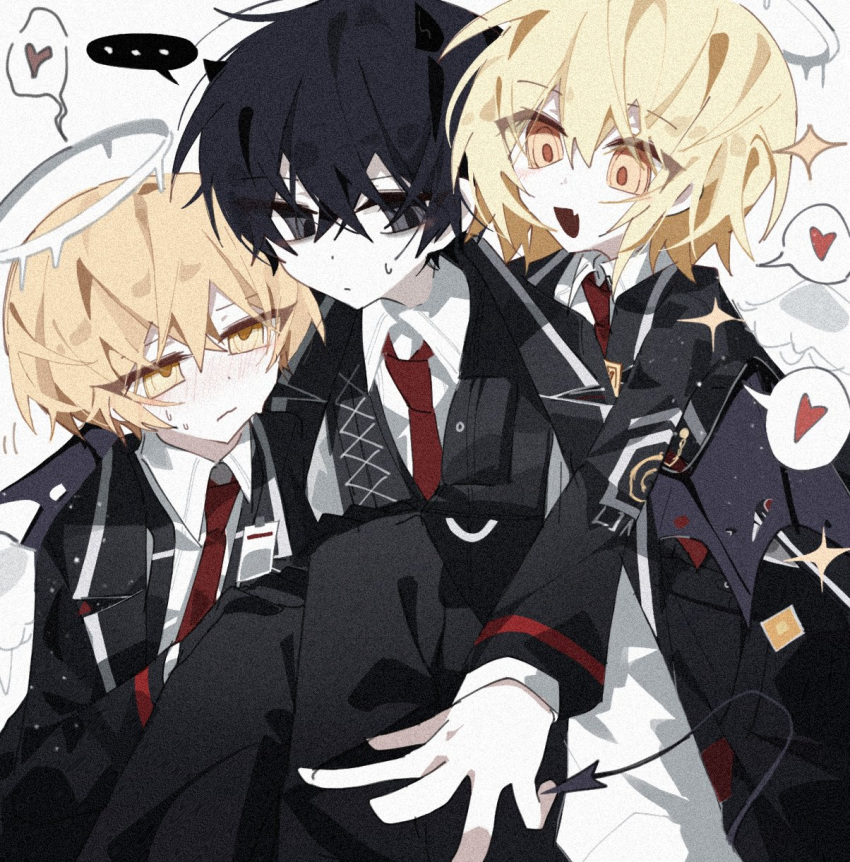1girl 2boys black_coat black_pants black_vest blonde_hair blush closed_mouth coat collared_shirt demon_horns demon_tail don_quixote_(project_moon) halo heart highres horns lemonail limbus_company long_sleeves melting_halo multiple_boys necktie open_mouth pants project_moon red_necktie shirt short_hair sinclair_(project_moon) sitting smile tail vest white_shirt white_wings wings yellow_eyes yi_sang_(project_moon)