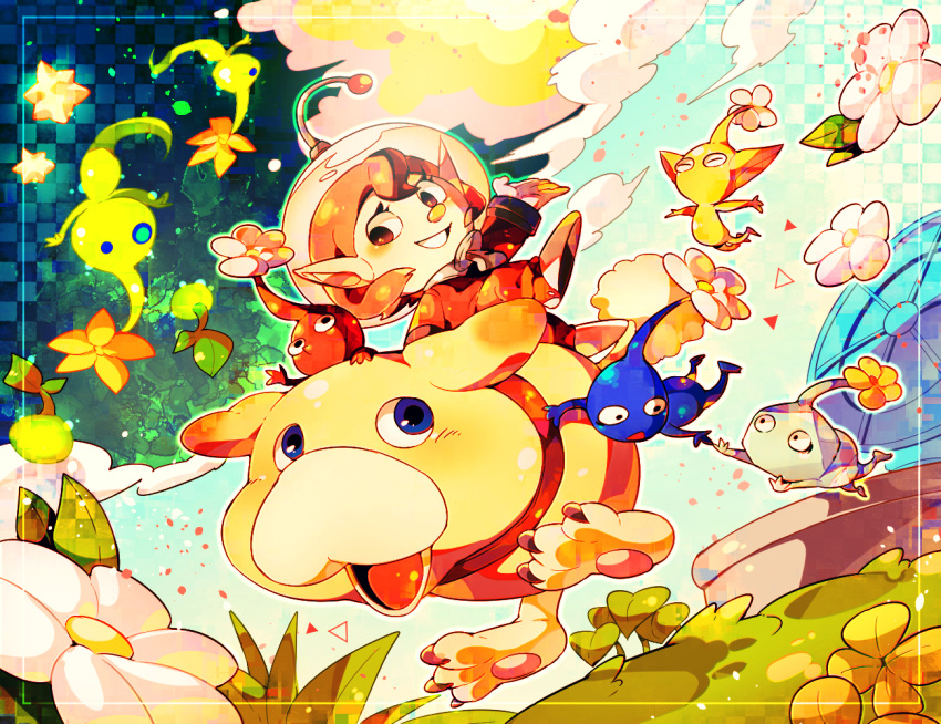 1girl ^_^ animal_collar animal_ears black_eyes blue_eyes blue_pikmin blue_skin blue_sky closed_eyes clouds collar colored_skin commentary_request day dog dog_ears dog_tail eyelashes flower ghost_tail gloves glow_pikmin green_skin grin helmet ice ice_pikmin jumping jumpsuit leaf light_blush looking_at_another looking_at_viewer night no_mouth oatchi_(pikmin) open_mouth outdoors outstretched_arm petals pikmin_(creature) pikmin_(series) pikmin_4 pointy_ears pointy_nose radio_antenna reaching reaching_towards_another red_collar red_jumpsuit red_pikmin red_skin redhead rescue_officer_(pikmin) riding riding_animal shirushiki shoes short_hair sky smile solid_circle_eyes space_helmet spacesuit star_bit tail teeth triangle triangle_mouth upside-down whistle white_flower white_footwear white_gloves yellow_flower yellow_fur yellow_pikmin yellow_skin