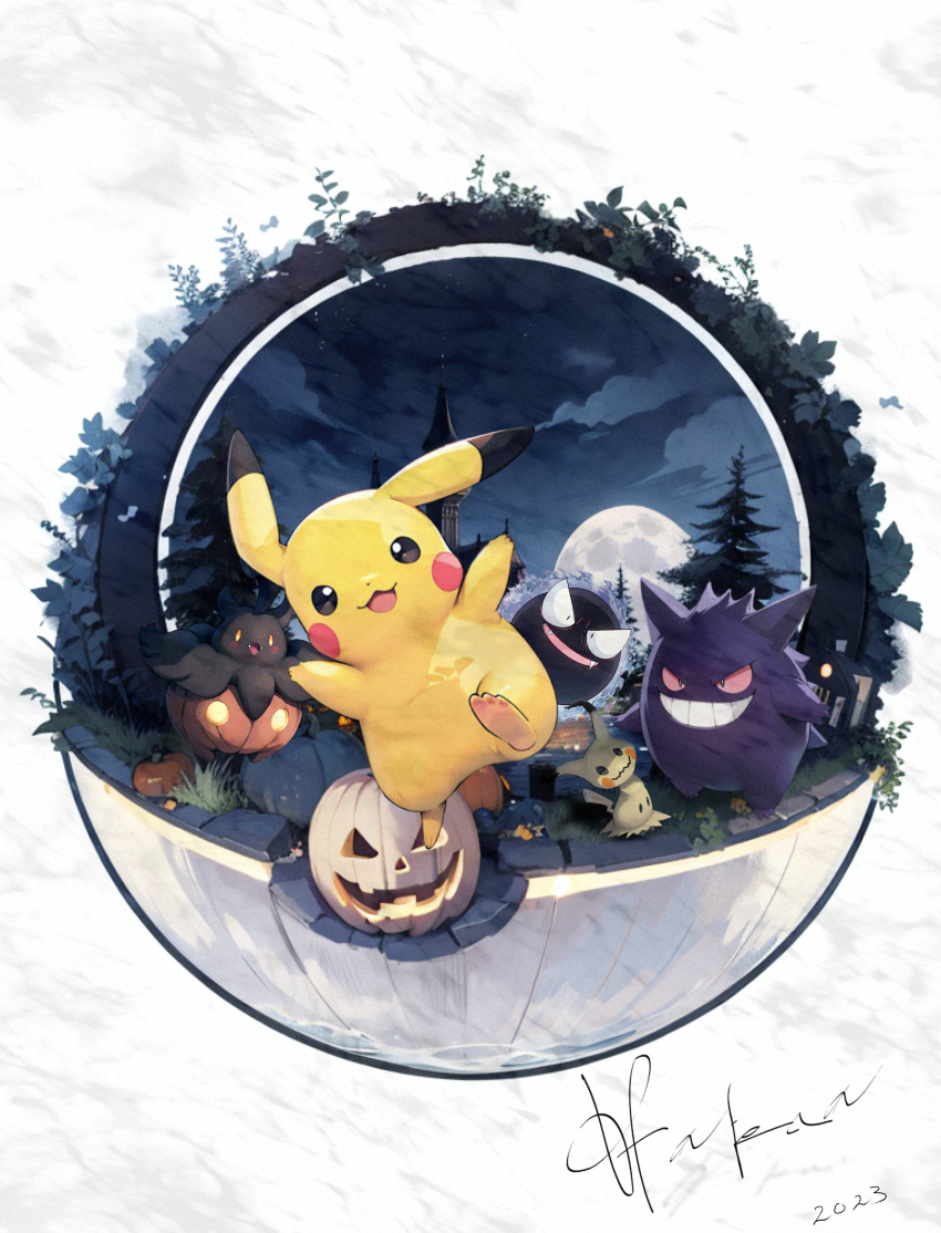 absurdres animal_focus clouds colored_skin commentary_request fangs gastly gengar grin halloween hatenachan highres jack-o'-lantern mimikyu moon night night_sky no_humans open_mouth pikachu poke_ball pokemon pokemon_(creature) pumpkaboo pumpkin red_eyes signature sky smile solid_oval_eyes tail tree white_background yellow_eyes yellow_skin