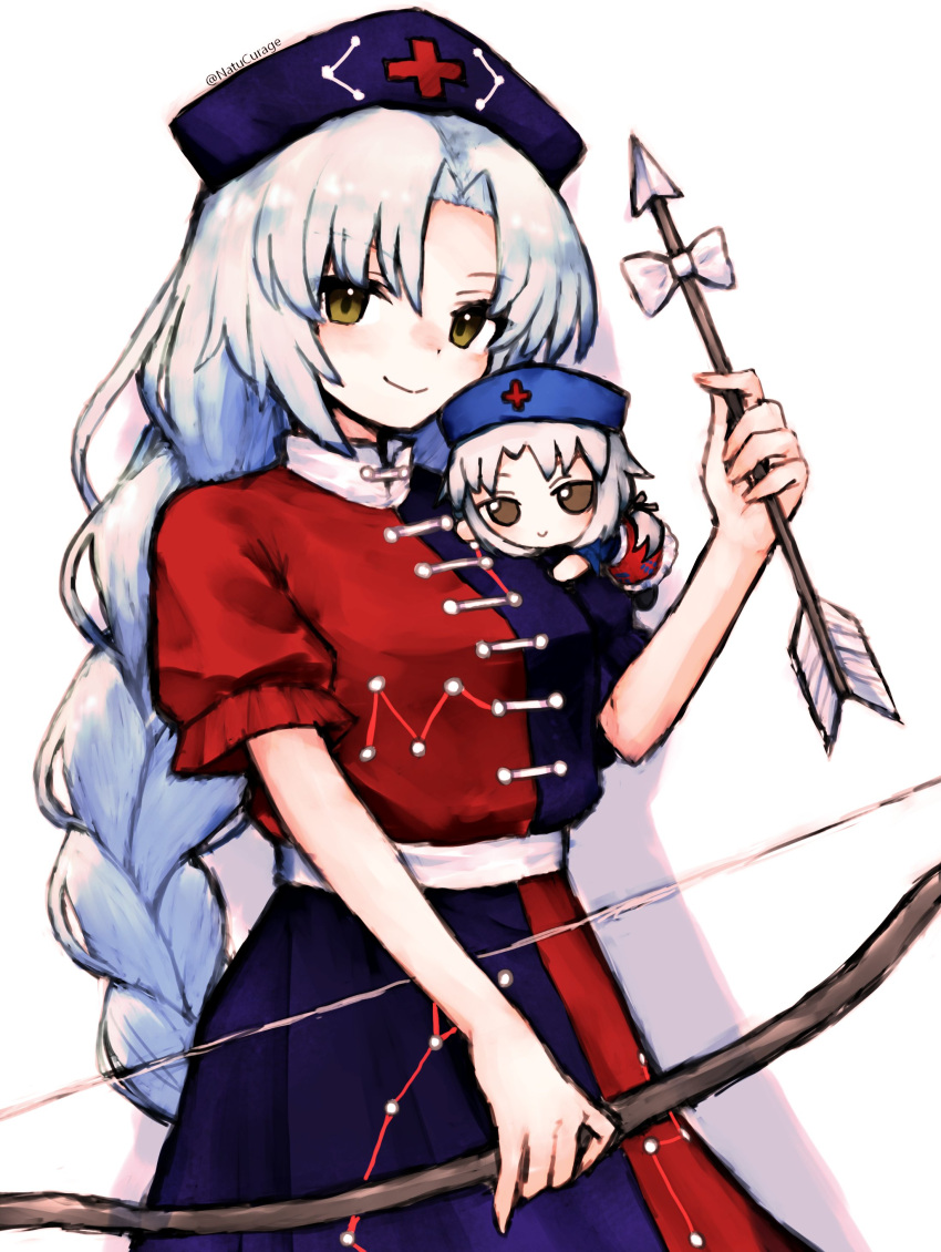 1girl absurdres arrow_(projectile) blue_dress blue_headwear brown_eyes closed_mouth commentary_request constellation_print dress fumo_(doll) grey_hair highres long_hair looking_at_viewer natucurage nurse parted_lips red_dress short_sleeves simple_background smile solo touhou trigram two-tone_dress white_background yagokoro_eirin