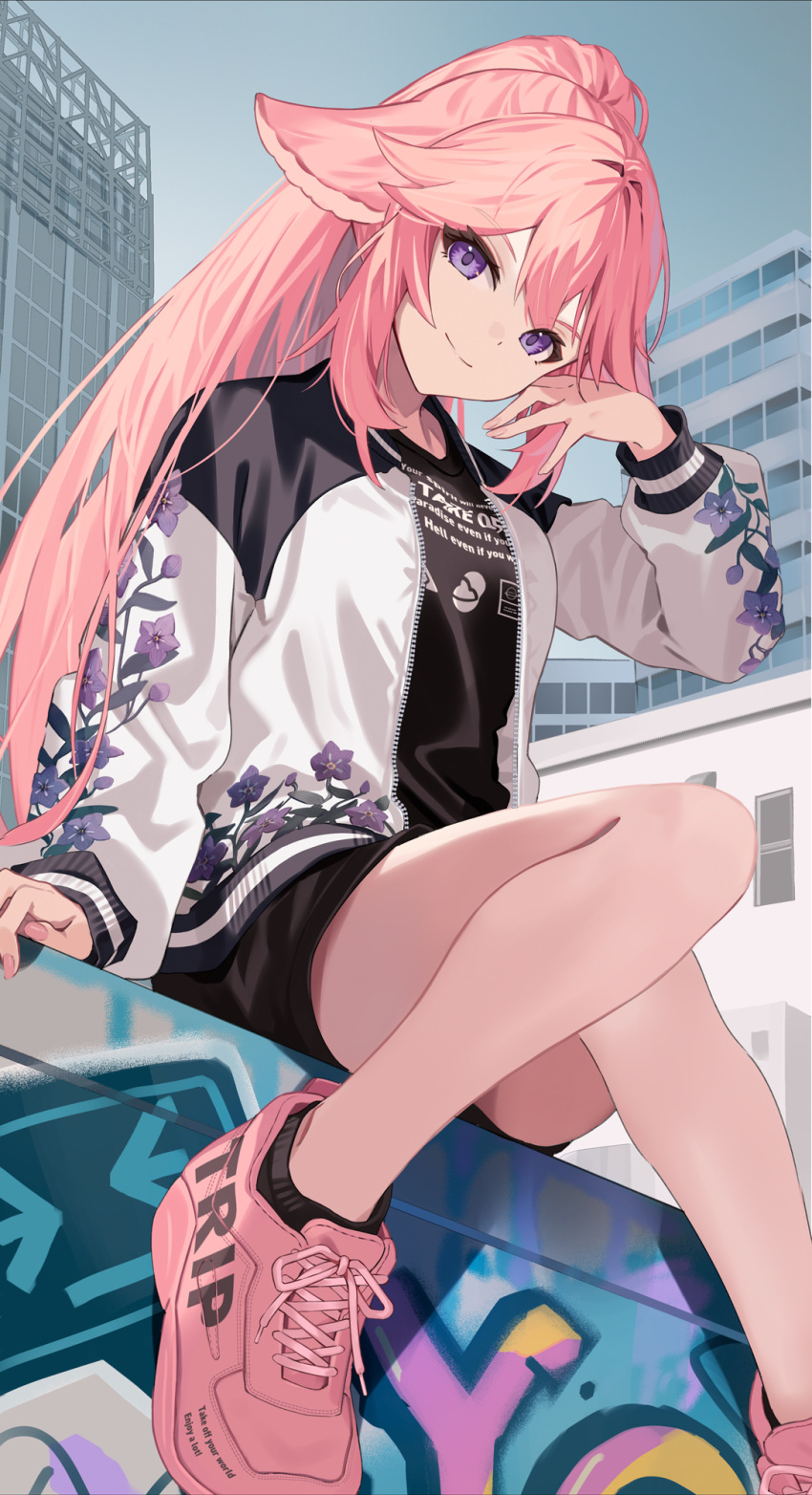 1girl alternate_costume alternate_hairstyle animal_ears ankle_socks arm_up black_socks building closed_mouth cross-laced_footwear dress_shirt feet_out_of_frame floral_print fox_ears genshin_impact graffiti hair_between_eyes high_ponytail highres jacket jewelry light_smile long_hair long_sleeves looking_at_viewer motto_(night_wear) open_clothes open_jacket parted_bangs pink_footwear pink_hair pink_nails ponytail shirt shoes sidelocks sitting smile sneakers socks solo violet_eyes white_jacket yae_miko