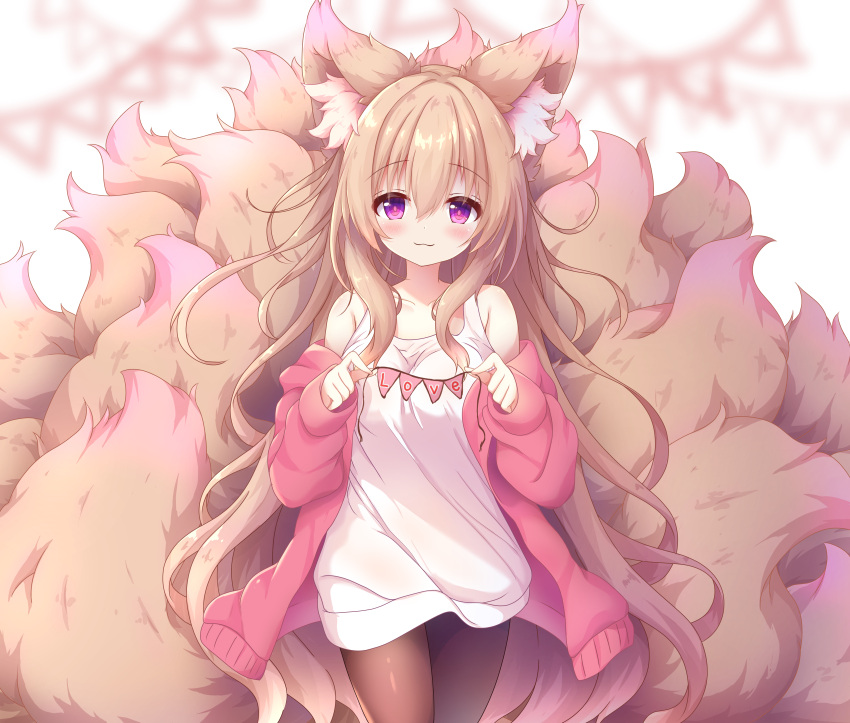 1girl absurdres animal_ear_fluff animal_ears bare_shoulders black_pantyhose breasts cardigan fox_ears fox_girl fox_tail highres komuginyan light_brown_hair long_hair long_shirt long_sleeves looking_at_viewer medium_breasts multiple_tails no_pants off_shoulder open_cardigan open_clothes original pantyhose pink_cardigan shirt sleeveless sleeveless_shirt tail too_much_fluff very_long_hair violet_eyes white_shirt