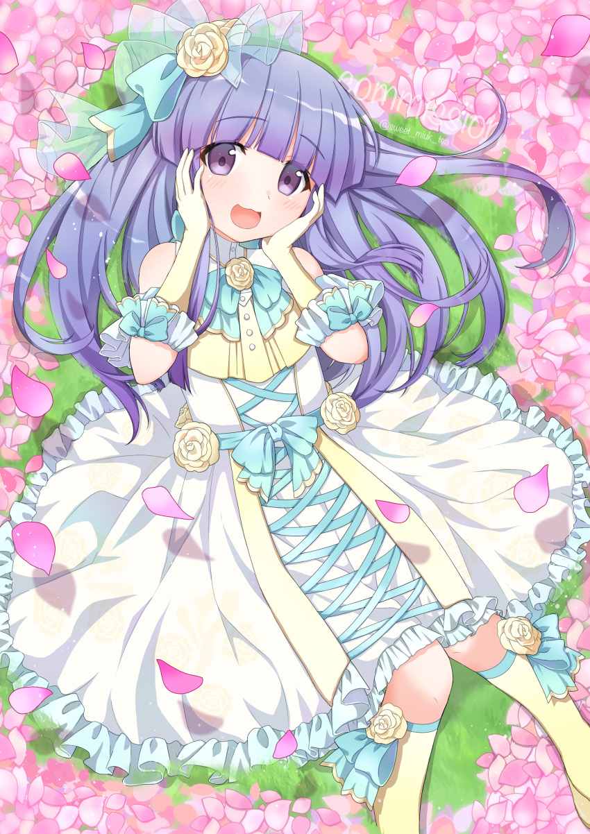 1girl absurdres bare_shoulders blue_bow blue_hair blue_ribbon blunt_bangs blush bow bridal_veil bride buttons commission cross-laced_clothes cross-laced_dress day dress elbow_gloves flat_chest flower frilled_dress frilled_gloves frills furude_rika gloves grass hair_flower hair_ornament hair_over_shoulder hands_on_own_cheeks hands_on_own_face happy highres higurashi_no_naku_koro_ni higurashi_no_naku_koro_ni_mei hime_cut kneehighs long_hair looking_at_viewer lying official_alternate_costume on_back open_mouth outdoors petals pink_petals ribbon rose skeb_commission sleeveless sleeveless_dress smile socks solo sweet_miuk_tea tareme twitter_username veil violet_eyes wavy_mouth wedding_dress white_dress yellow_flower yellow_rose