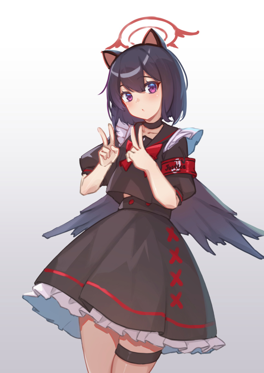 1girl armband black_hair black_serafuku black_shirt black_skirt black_wings blue_archive bow bowtie crop_top crop_top_overhang expressionless feathered_wings frilled_skirt frills hair_between_eyes halo highres huan_(hao7551789) light_blush looking_at_viewer mashiro_(blue_archive) medium_skirt puffy_short_sleeves puffy_sleeves raised_eyebrows red_armband red_bow red_bowtie red_halo school_uniform serafuku shin_strap shirt short_hair short_sleeves simple_background skirt solo violet_eyes white_background winged_halo wings