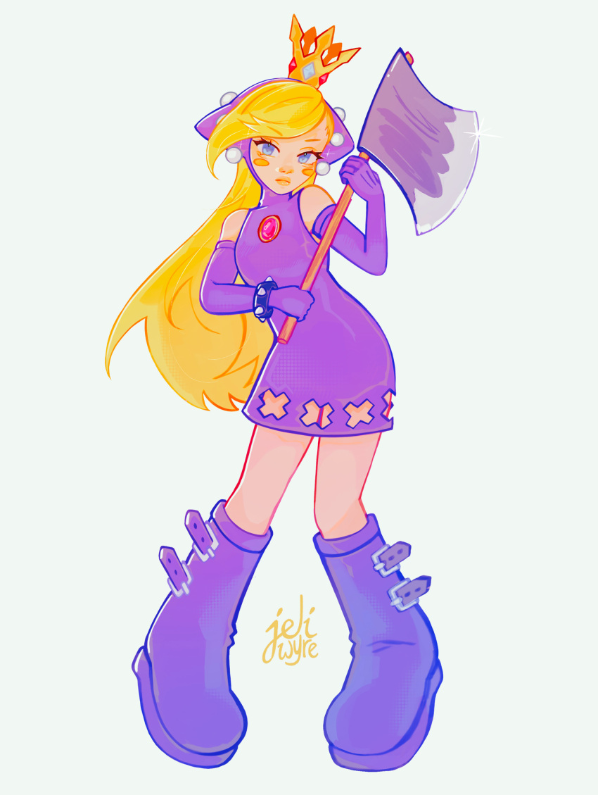 1girl axe blonde_hair blue_eyes blush_stickers boots bracelet brooch crown dress elbow_gloves eyelashes frown full_body glint gloves grey_background highres holding holding_axe hood hood_up jeliwyre jewelry lipstick makeup orange_lips purple_dress purple_footwear purple_gloves signature simple_background solo spiked_bracelet spikes super_mario_bros. warupeach