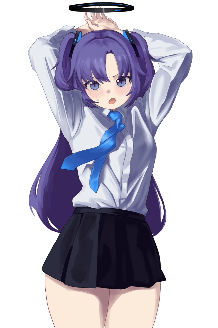 1girl absurdres black_skirt blue_archive blue_necktie blush collared_shirt cowboy_shot halo highres long_hair looking_at_viewer mechanical_halo necktie open_mouth pangtanto pleated_skirt purple_hair shirt simple_background skirt solo thighs two_side_up violet_eyes white_background white_shirt yuuka_(blue_archive)