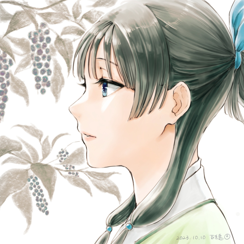 1girl blue_ribbon dated food fruit grapes hair_ribbon highres kusuriya_no_hitorigoto long_hair maomao_(kusuriya_no_hitorigoto) portrait ribbon solo yoakedori914moz