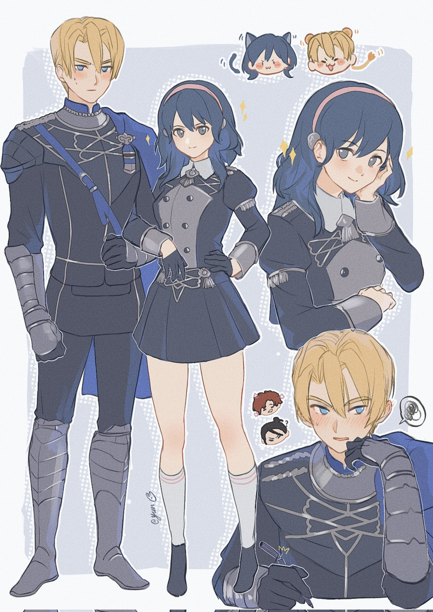 1girl 3boys animal_ears armored_boots black_hair blonde_hair blue_cape blue_eyes boots breasts broken_pencil brown_hair byleth_(female)_(fire_emblem) byleth_(fire_emblem) cape cat_ears cat_tail chibi chibi_inset chinese_commentary commentary_request corrupted_twitter_file dimitri_alexandre_blaiddyd felix_hugo_fraldarius fire_emblem fire_emblem:_three_houses garreg_mach_monastery_uniform gloves grey_eyes hairband half_gloves hand_on_own_hip hetero highres juliet_sleeves kemonomimi_mode lion_ears lion_tail locked_arms long_sleeves medium_breasts miniskirt multiple_boys pink_hairband pleated_skirt puffy_sleeves skirt sparkle spoken_squiggle squiggle sylvain_jose_gautier tail vambraces yun_(dl2n5c7kbh8ihcx)
