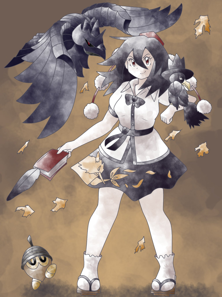 1girl black_bow black_bowtie black_hair black_sash black_skirt bow bowtie breasts brown_eyes closed_mouth collared_shirt eyelashes feathers flip-flops full_body greatmothsucks hat highres holding holding_notebook legs looking_at_viewer medium_breasts medium_hair notebook parody pokemon pokemon_(creature) pom_pom_(clothes) puffy_short_sleeves puffy_sleeves red_headwear sandals sash shameimaru_aya shirt short_sleeves skirt smile socks standing style_parody tokin_hat touhou white_shirt white_socks
