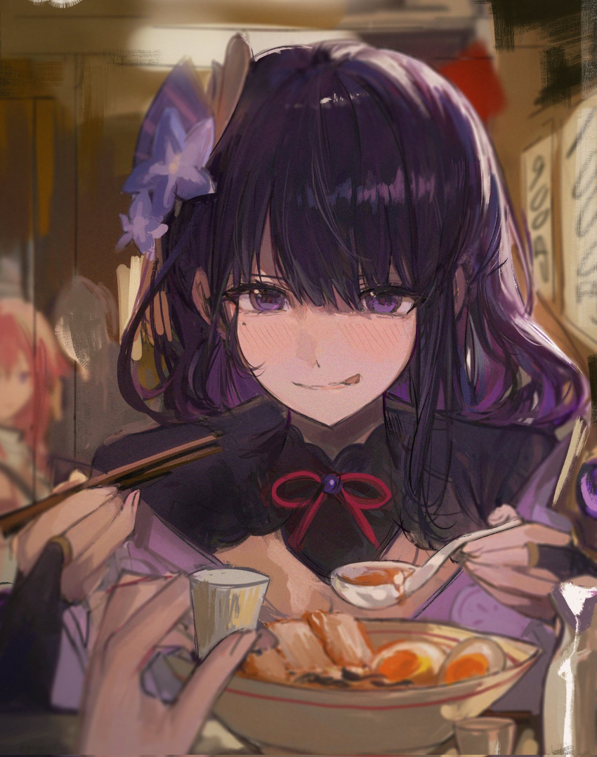 2girls blunt_bangs blurry blurry_background bottle bowl choko_(cup) chopsticks cup food genshin_impact hair_ornament highres holding holding_chopsticks holding_cup holding_spoon indoors japanese_clothes light_blush looking_at_food looking_down mole mole_under_eye multiple_girls noodles pov pov_hands purple_hair qqkkay raiden_shogun spoon tongue tongue_out violet_eyes yae_miko