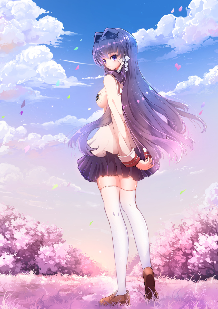 1girl 2020 278004410 absurdres arms_behind_back black_shirt blazer blue_sky brown_footwear chinese_commentary clannad closed_mouth clouds commentary_request dated day eyelashes floating_clothes floating_hair fujibayashi_kyou full_body grass hair_intakes hair_over_shoulder highres hikarizaka_private_high_school_uniform jacket light_blush light_particles loafers long_hair long_sleeves looking_at_viewer looking_back miniskirt outdoors own_hands_together pleated_skirt purple_hair sailor_collar school_uniform shirt shoes signature skirt sky smile solo standing straight_hair thigh-highs very_long_hair violet_eyes white_sailor_collar white_thighhighs wind wind_lift yellow_jacket zettai_ryouiki