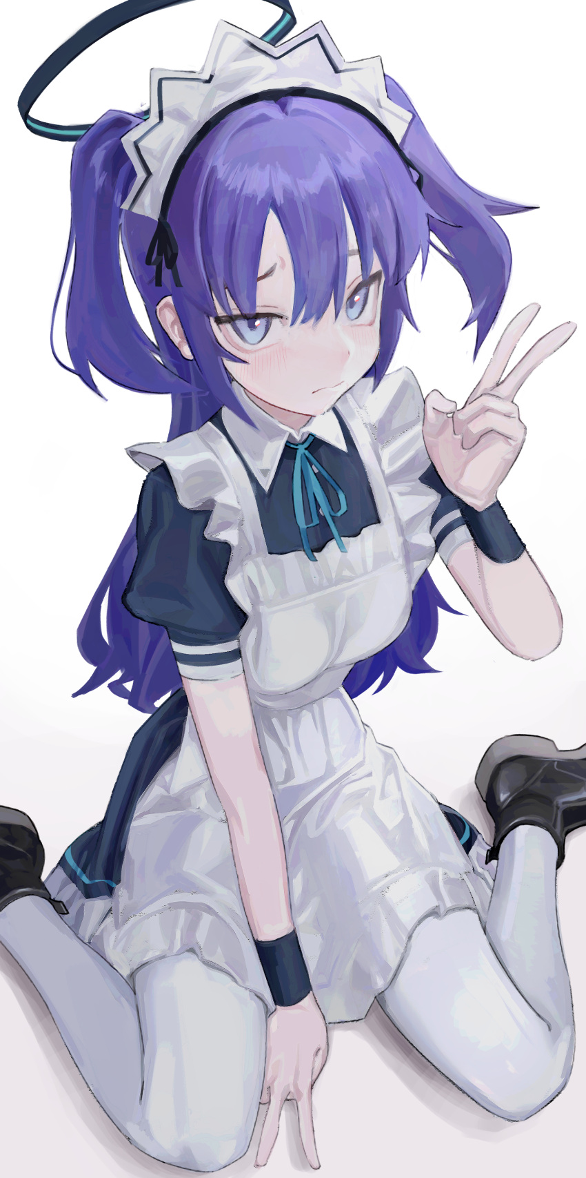 1girl absurdres alternate_costume apron black_dress black_footwear blue_archive blue_eyes blush breasts closed_mouth dress enmaided hair_between_eyes halo highres long_hair looking_at_viewer maid maid_headdress panties pantyhose puffy_short_sleeves puffy_sleeves purple_hair saaal653 shoes short_sleeves simple_background sitting solo two_side_up underwear v wariza white_apron white_background white_panties yuuka_(blue_archive)