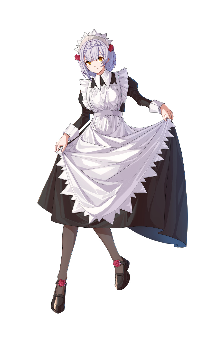 1girl absurdres apron black_dress black_footwear blunt_bangs closed_mouth curtsey dress flower full_body genshin_impact guishenshi hair_flower hair_ornament highres long_sleeves looking_at_viewer maid maid_apron maid_headdress noelle_(genshin_impact) red_flower red_rose rose short_hair smile solo white_apron white_background white_hair yellow_eyes