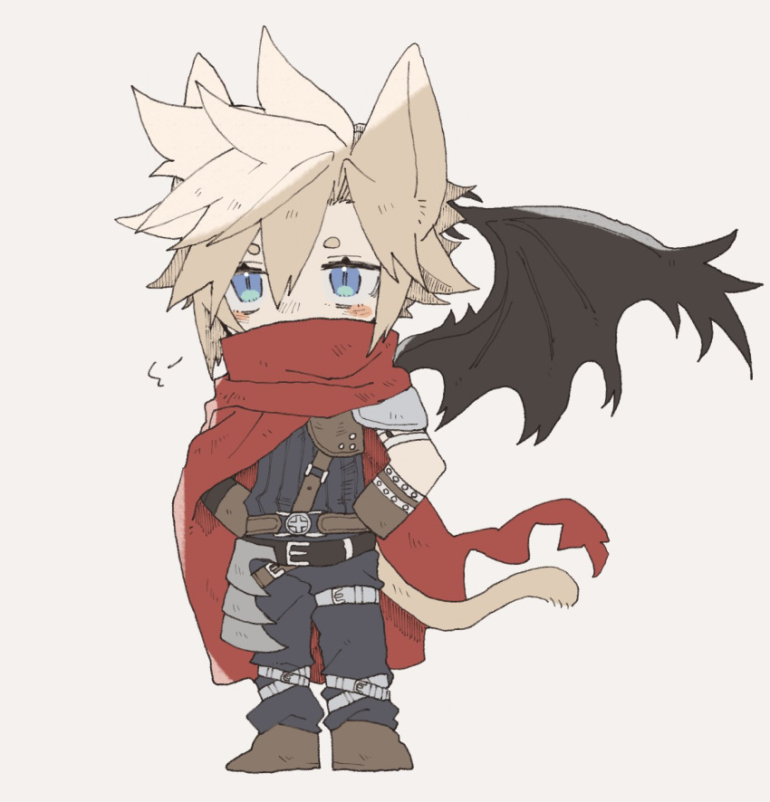 1boy animal_ears armor asymmetrical_armor asymmetrical_arms bat_wings belt black_belt black_wings blonde_hair blue_eyes blush_stickers boots brown_footwear brown_gloves cape cat_boy cat_ears cat_tail chibi cloud_strife covered_mouth final_fantasy final_fantasy_vii full_body gloves grey_background hands_on_own_hips highres hip_armor kingdom_hearts leather_belt male_focus multiple_belts official_alternate_costume pauldrons red_cape same_no_nituke3 short_hair shoulder_armor shoulder_strap sigh simple_background single_wing solo spiky_hair standing tail thigh_strap wings