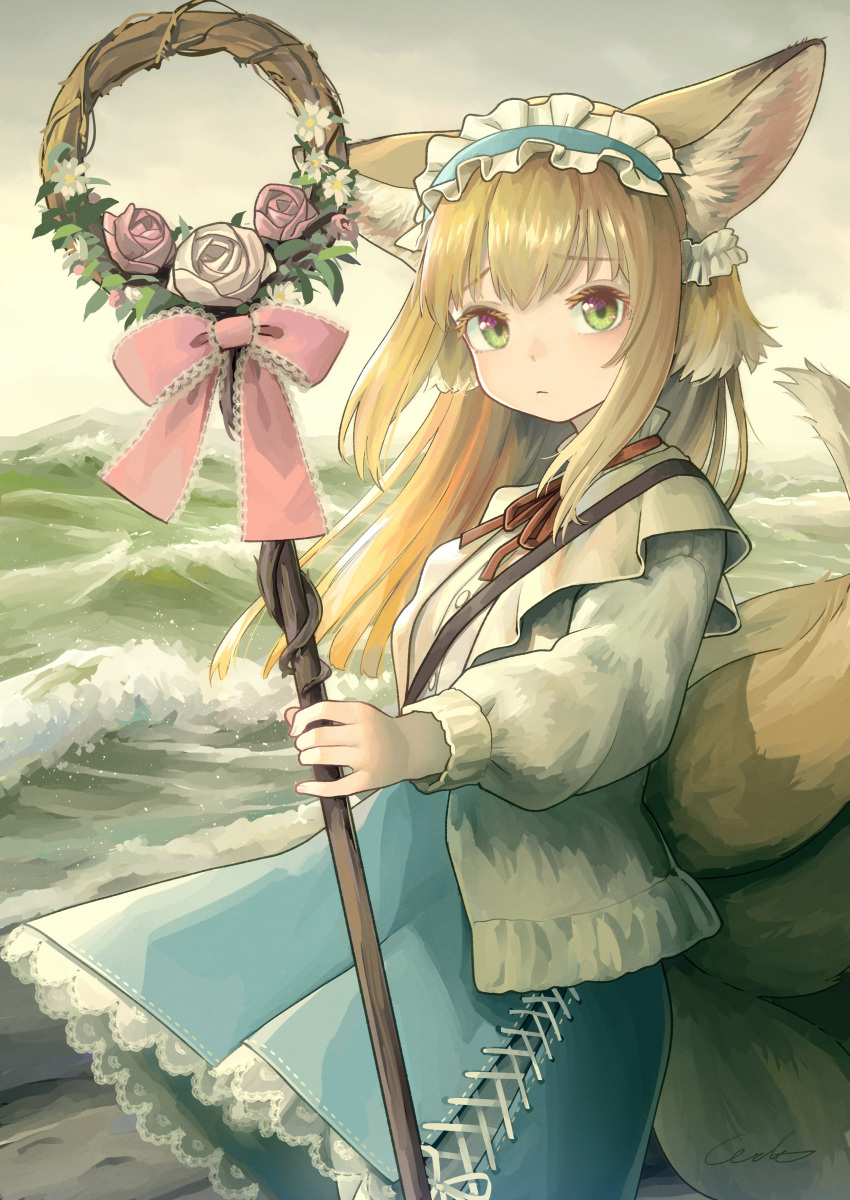 1girl absurdres animal_ear_fluff animal_ears arknights blonde_hair blue_hairband blue_skirt cardigan closed_mouth commentary_request cross-laced_clothes cross-laced_skirt cross-laced_slit fox_ears fox_girl fox_tail frilled_hairband frills green_eyes hairband high-waist_skirt highres holding holding_staff kitsune kyuubi long_hair long_sleeves looking_at_viewer multiple_tails neck_ribbon official_alternate_costume open_cardigan open_clothes puffy_long_sleeves puffy_sleeves red_ribbon ribbon skirt solo staff suzuran_(arknights) suzuran_(spring_praise)_(arknights) tail welt_(kinsei_koutenkyoku) yellow_cardigan