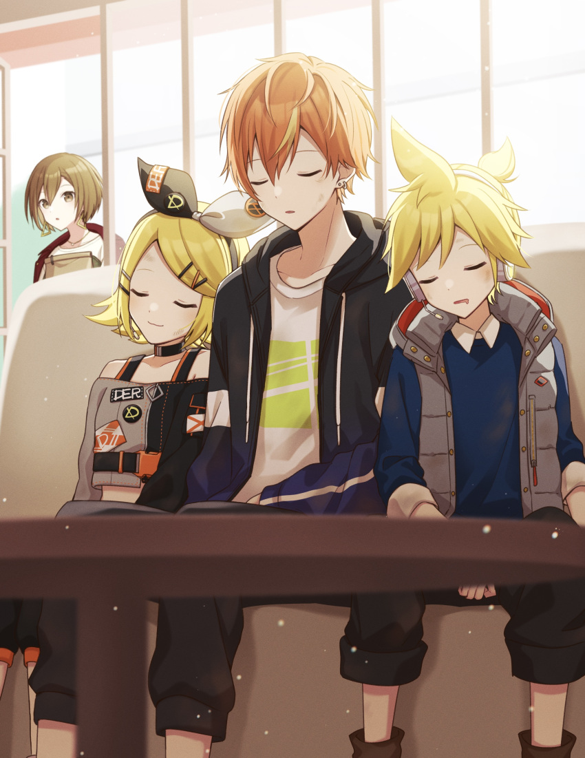 2boys 2girls absurdres blonde_hair bow brown_hair choker collared_shirt couch drooling earrings hair_bow hair_ornament hairclip head_on_another's_shoulder headphones highres hood hoodie jewelry kagamine_len kagamine_rin light_particles long_sleeves meiko_(vocaloid) mouth_drool multiple_boys multiple_girls necklace on_couch open_mouth orange_hair pants ponytail project_sekai shinonome_akito shirt short_hair sitting sleeping smile table teneko02 vest vivid_bad_squad_(project_sekai) window