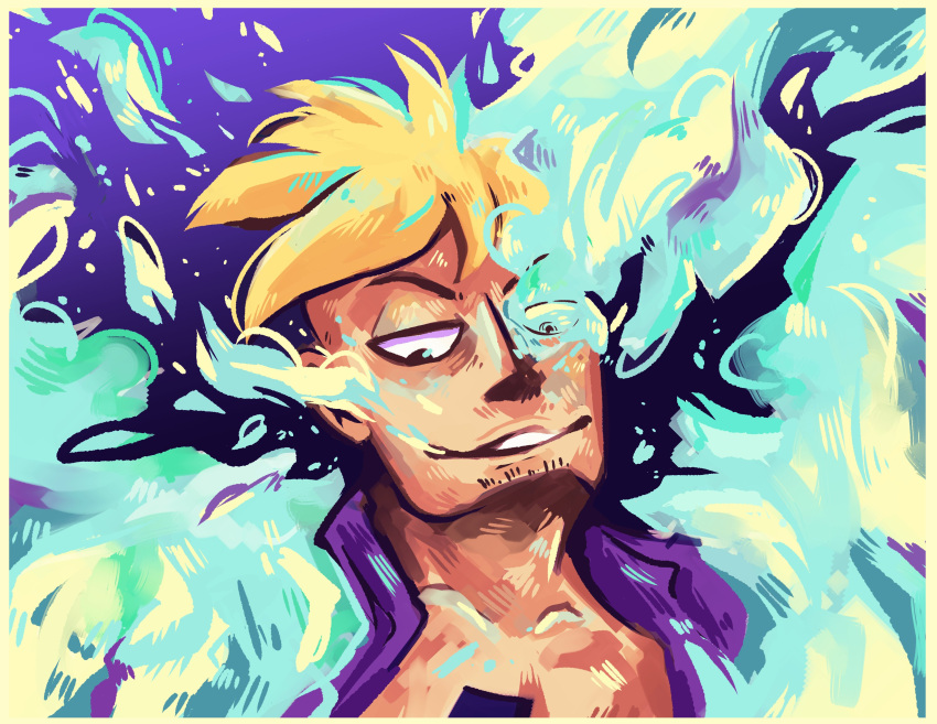 1boy absurdres blonde_hair blue_fire close-up commentary english_commentary fire goatee_stubble grin highres looking_down looking_to_the_side male_focus marco_(one_piece) one_piece purple_background purple_shirt shirt short_hair simple_background smile smirk solo transformation wigglesthetuff
