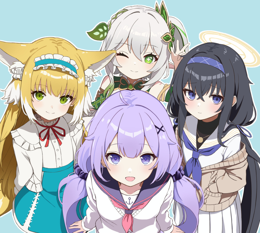 4girls arknights azur_lane black_hair blonde_hair blue_archive blue_background blue_skirt braid brown_cardigan cardigan closed_mouth colored_tips commentary cross-laced_clothes cross-laced_skirt crossed_bangs crossover english_commentary french_braid genshin_impact green_eyes green_hair grey_hair hair_ornament hairband halo hand_in_pocket highres leaf_hair_ornament long_hair long_sleeves low_twintails multicolored_hair multiple_girls myown neckerchief official_alternate_costume one_eye_closed open_mouth outline pink_neckerchief purple_hair purple_hairband purple_neckerchief sailor_collar shirt side_ponytail skirt smile streaked_hair suzuran_(arknights) suzuran_(spring_praise)_(arknights) twintails two-tone_hair ui_(blue_archive) unicorn_(azur_lane) unicorn_(long-awaited_date)_(azur_lane) violet_eyes white_cardigan white_hair white_outline white_sailor_collar white_shirt x_hair_ornament yellow_halo