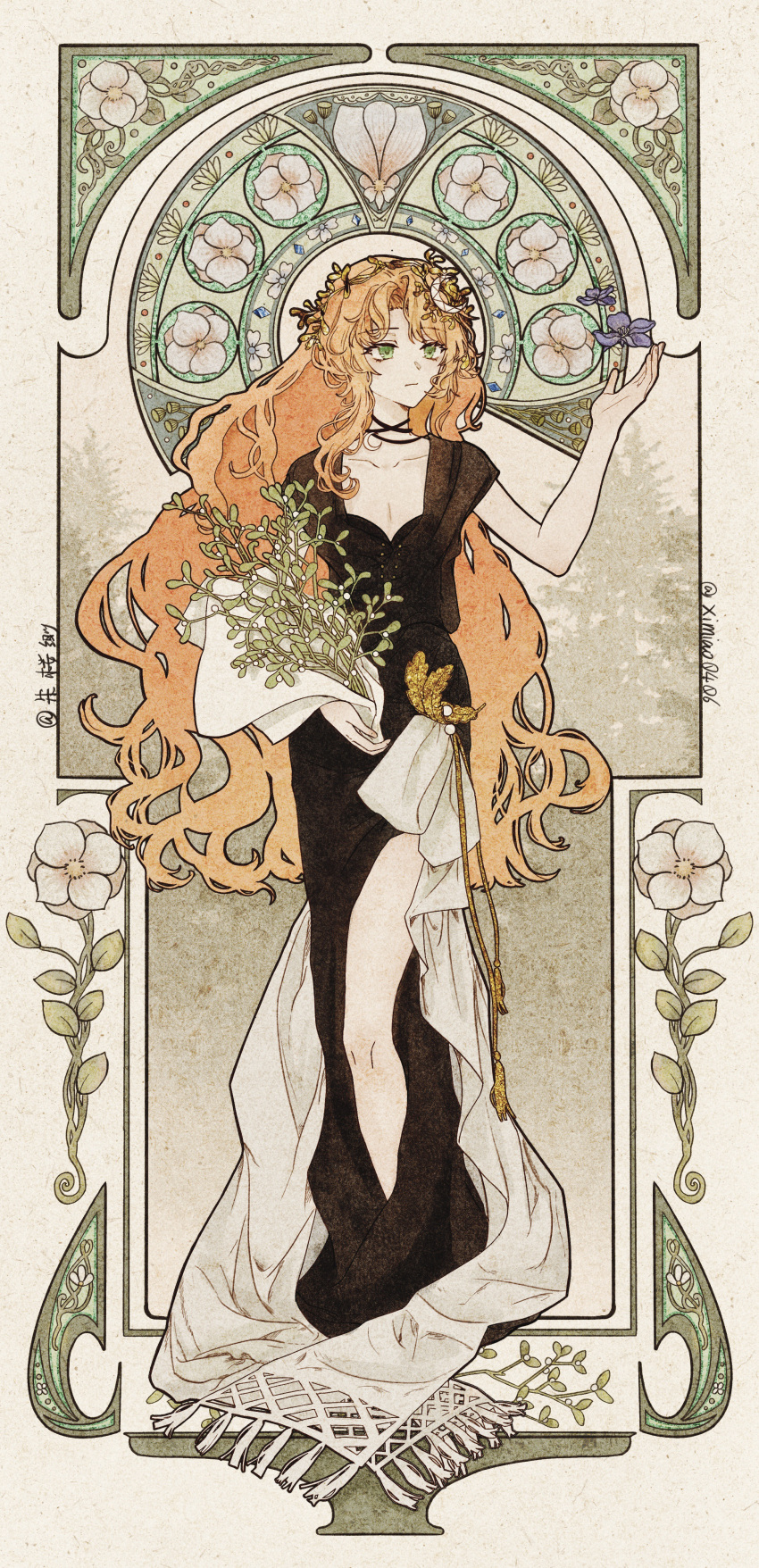 1girl absurdres art_nouveau artist_name black_dress bouquet closed_mouth crescent crescent_hair_ornament dress druvis_iii flower full_body green_eyes hair_ornament hand_up highres holding holding_bouquet leaf_hair_ornament long_dress long_hair looking_to_the_side mistletoe orange_hair procreate_(medium) reverse:1999 side_slit signature solo very_long_hair white_flower zhuyingmiao
