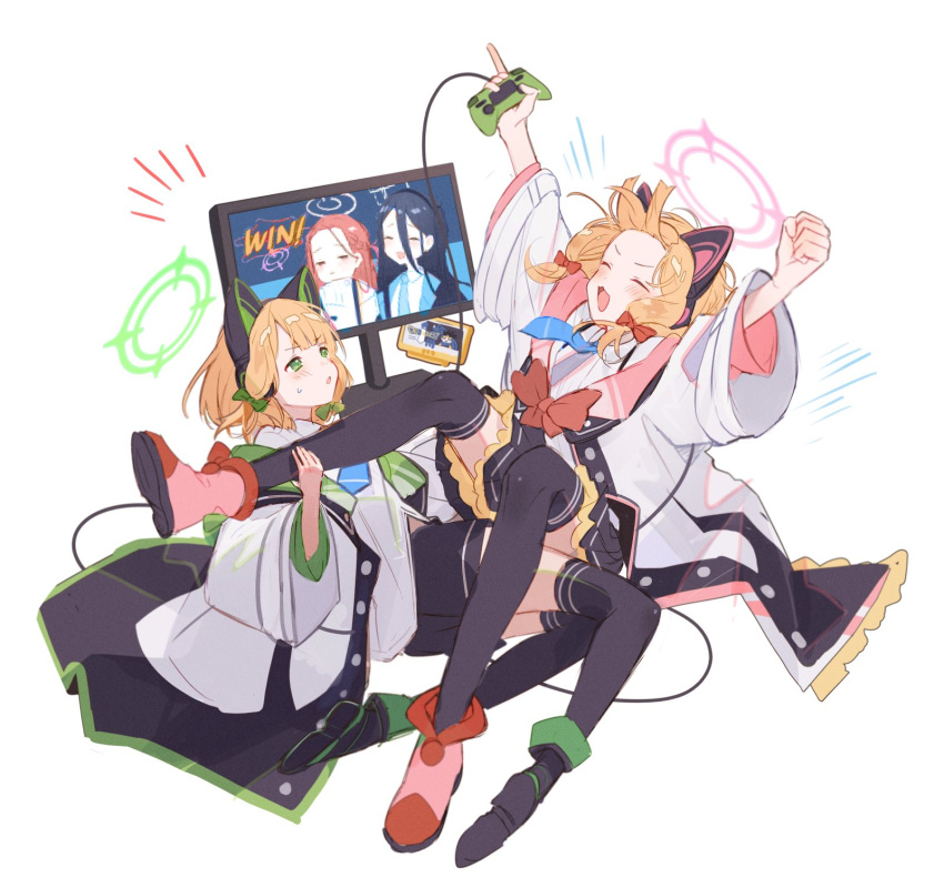 2girls animal_ear_headphones animal_ears aris_(blue_archive) black_footwear black_skirt black_thighhighs blonde_hair blue_archive blue_necktie blush boots bow closed_eyes collared_shirt controller fake_animal_ears game_controller green_bow green_eyes hair_bow headphones highres holding holding_controller holding_game_controller jacket long_sleeves midori_(blue_archive) momoi_(blue_archive) multiple_girls necktie nuudoru open_clothes open_jacket open_mouth pink_footwear pleated_skirt red_bow shirt short_hair siblings simple_background sisters skirt smile thigh-highs twins white_background white_jacket white_shirt wide_sleeves yuzu_(blue_archive)