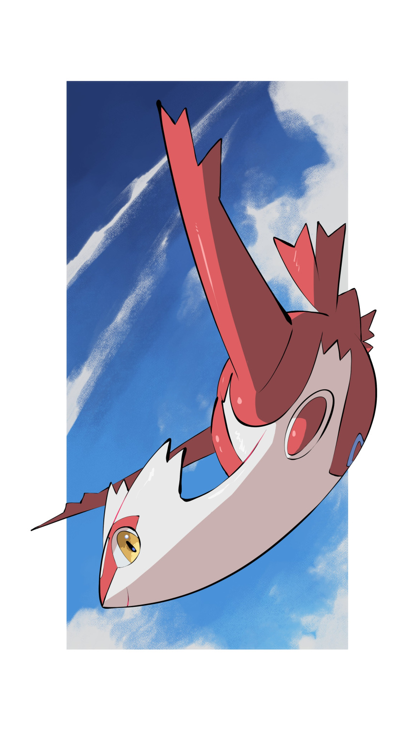 absurdres animal_focus blue_sky border closed_mouth clouds flying from_below full_body highres latias looking_at_viewer no_humans outside_border pokemon pokemon_(creature) sky smile solo white_border yellow_eyes yumeminoideyu2
