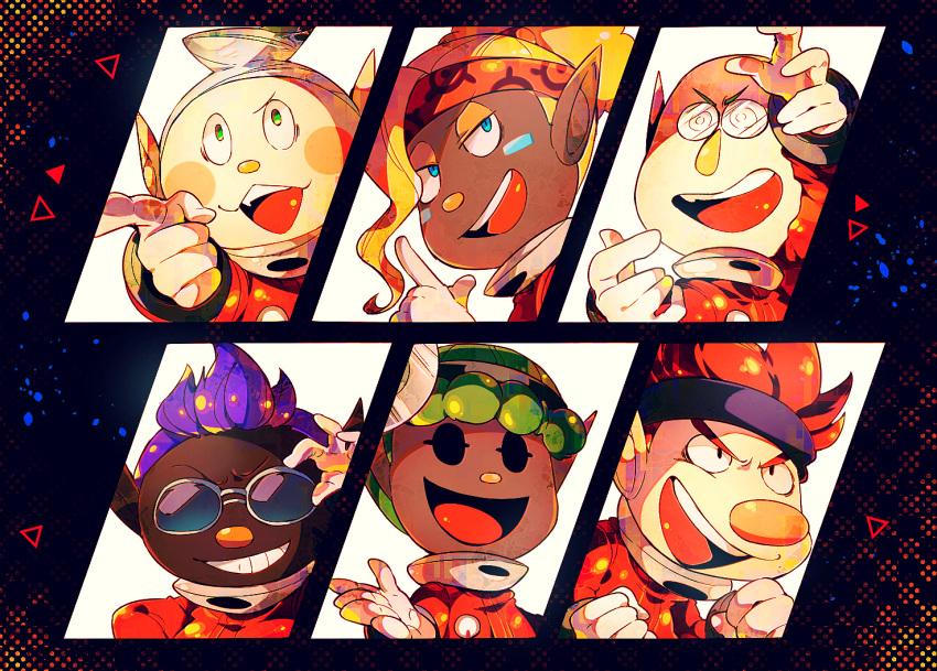 +_+ 1girl 5boys adjusting_eyewear asymmetrical_bangs bald bernard_(pikmin) big_nose black_bow black_eyes black_headband blonde_hair blue_eyes blue_headband blush_stickers bow buttons clenched_hands collin_(pikmin) commentary_request cowlick dark-skinned_female dark-skinned_male dark_skin dingo_(pikmin) fang gloves green_hair grey_hair grin hair_bun half-closed_eyes hand_on_eyewear head_mirror headband jumpsuit laughing long_bangs looking_at_viewer marking_on_cheek multiple_boys no_headwear novelty_glasses open_mouth outstretched_hand petals pikmin_(series) pikmin_4 pointing pointy_ears purple_hair red_headband red_jumpsuit redhead round_eyewear russ_(pikmin) shepherd_(pikmin) shirushiki short_hair single_hair_bun smile solid_oval_eyes spacesuit spiky_hair teeth thick_eyebrows triangle upper_body upper_teeth_only v-shaped_eyebrows very_dark_skin very_short_hair white_gloves yonny_(pikmin)