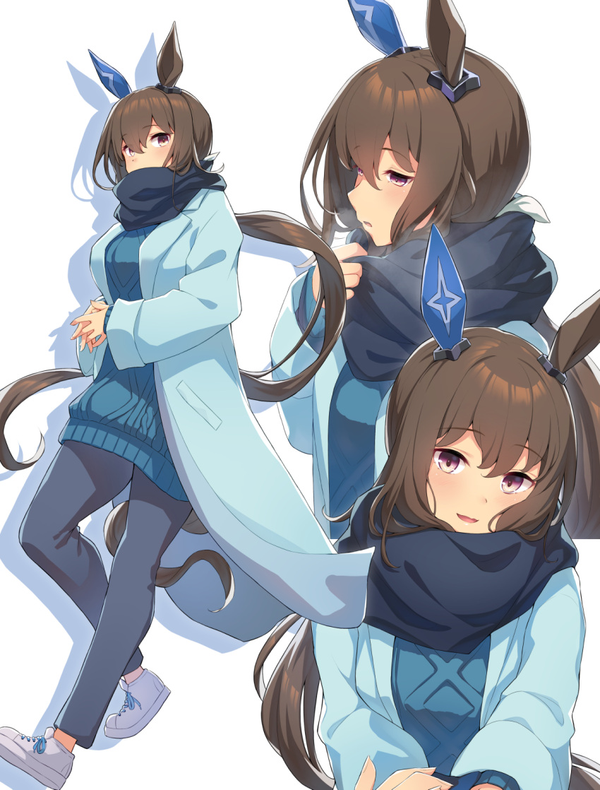 1girl adjusting_scarf admire_vega_(umamusume) animal_ears aran_sweater blue_coat blue_pants blue_scarf blue_sweater breasts brown_hair cable_knit coat covered_mouth dress ear_covers enpera full_body hair_between_eyes highres holding_hands horse_ears horse_girl horse_tail interlocked_fingers kawahara_minamo large_breasts long_hair long_sleeves looking_at_viewer multiple_views open_clothes open_coat own_hands_together pants ponytail scarf shoes simple_background sneakers sweater sweater_dress tail umamusume upper_body very_long_hair violet_eyes white_background white_footwear