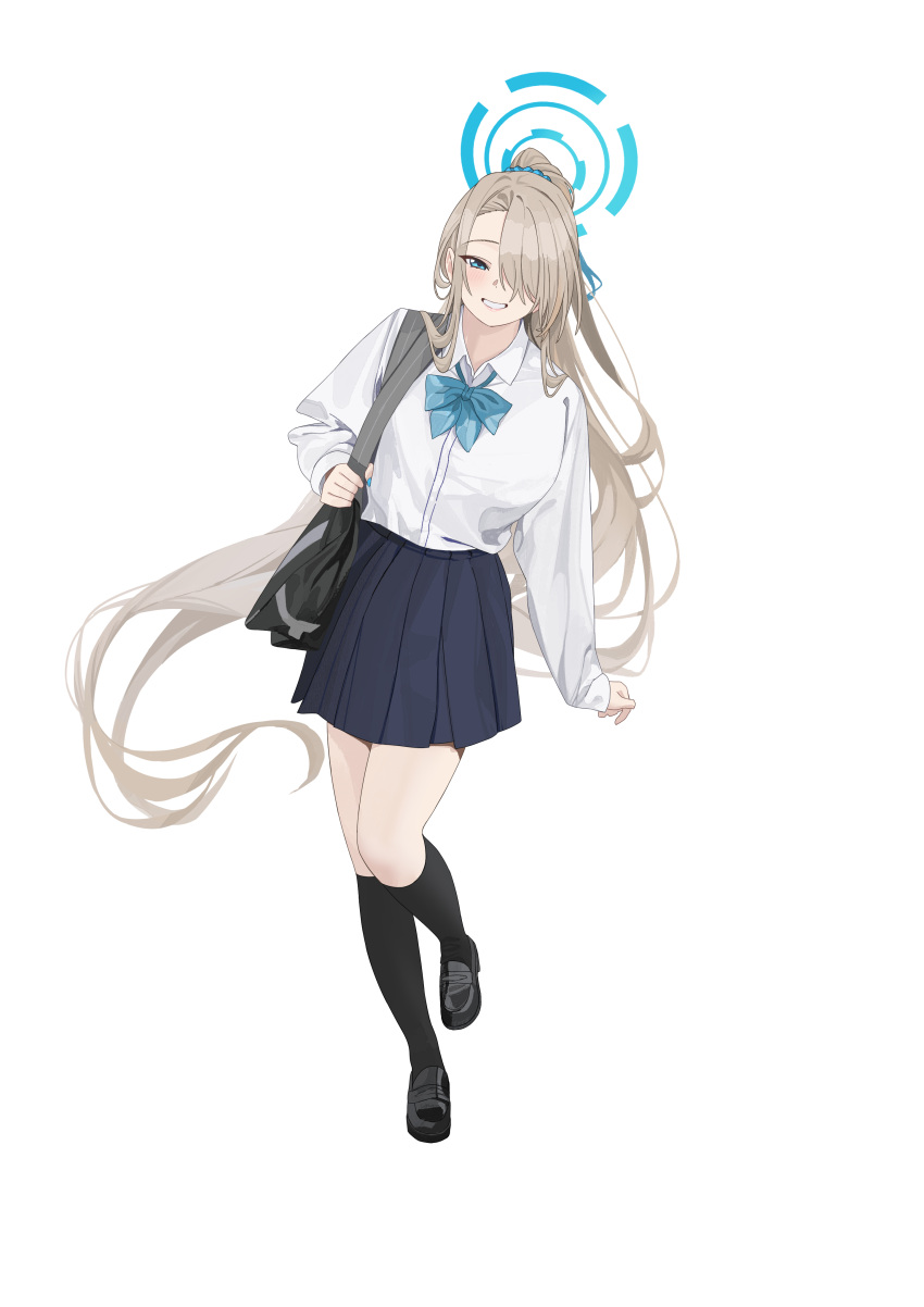 absurdres asuna_(blue_archive) asymmetrical_bangs bag black_footwear black_socks blue_archive blue_bow blue_bowtie blue_eyes blue_skirt blush bow bowtie full_body grin hair_over_one_eye halo high_ponytail highres kneehighs leaning_to_the_side leg_up light_brown_hair loafers long_hair long_sleeves looking_at_viewer parted_lips pleated_skirt school_uniform shirt shoes shoulder_bag simple_background skirt smile socks standing tnr_(horiko1525) very_long_hair white_background white_shirt