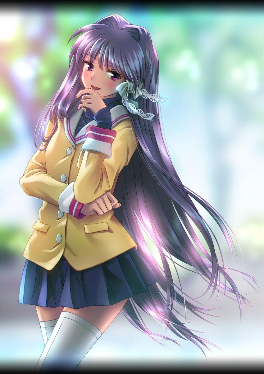 1girl aomaru_kazumi arm_under_breasts backlighting blazer blue_skirt blurry blurry_background blush bow clannad clenched_hand commentary_request cowboy_shot eyelashes floating_hair fujibayashi_kyou hair_between_eyes hair_bow hair_intakes hair_over_shoulder hair_ribbon hand_up highres hikarizaka_private_high_school_uniform jacket long_hair long_sleeves looking_at_viewer miniskirt nose open_mouth pleated_skirt ribbon school_uniform skirt smile solo straight_hair thigh-highs turtleneck very_long_hair vignetting violet_eyes white_bow white_ribbon white_thighhighs yellow_jacket zettai_ryouiki