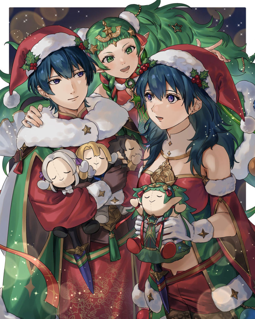1boy 2girls abinosu0903 bare_shoulders blue_hair blunt_bangs brown_gloves brown_pantyhose byleth_(female)_(fire_emblem) byleth_(female)_(frosty_professor)_(fire_emblem) byleth_(fire_emblem) byleth_(male)_(fire_emblem) byleth_(male)_(frosty_professor)_(fire_emblem) character_doll christmas claude_von_riegan closed_mouth commentary detached_collar detached_sleeves dimitri_alexandre_blaiddyd doll edelgard_von_hresvelg fire_emblem fire_emblem:_three_houses fire_emblem_heroes floating_hair fur-trimmed_gloves fur-trimmed_headwear fur-trimmed_sleeves fur_trim gloves green_eyes green_hair hair_between_eyes hair_ornament hand_on_another's_shoulder hat highres holding holding_doll long_hair long_sleeves looking_at_another multiple_girls official_alternate_costume open_mouth pantyhose pointy_ears red_headwear sack santa_costume santa_hat short_hair smile sothis_(fire_emblem) sothis_(winter)_(fire_emblem) symbol-only_commentary twintails very_long_hair violet_eyes white_gloves