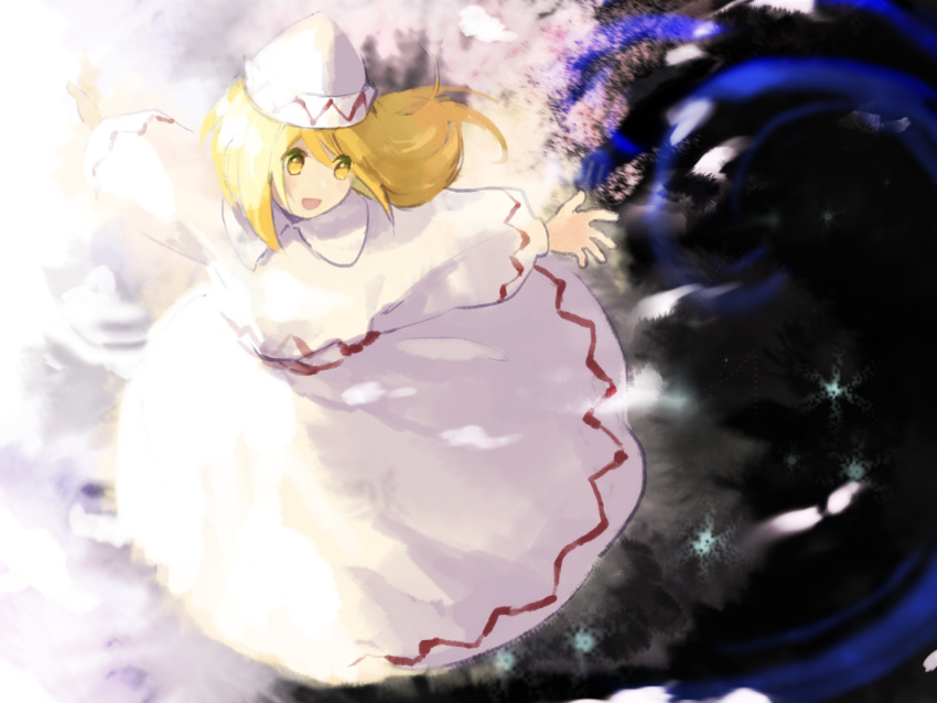 1girl :d blonde_hair blush_stickers collared_shirt commentary_request hat highres kaigen_1025 lily_white long_hair long_sleeves open_mouth outstretched_arms shirt skirt skirt_set smile solo spread_arms touhou white_headwear white_shirt white_skirt yellow_eyes
