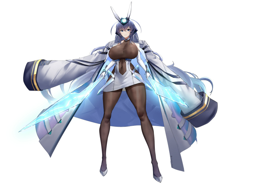 1girl absurdres anchor_ornament animal_ears arm_strap azur_lane bare_shoulders blue_eyes blue_hair blush bodystocking breasts dual_wielding elbow_gloves energy_sword full_body gloves hair_between_eyes high_heels highres holding irkawaza jacket large_breasts long_hair looking_at_viewer new_jersey_(azur_lane) pantyhose rabbit_ears smile solo sword very_long_hair weapon white_gloves