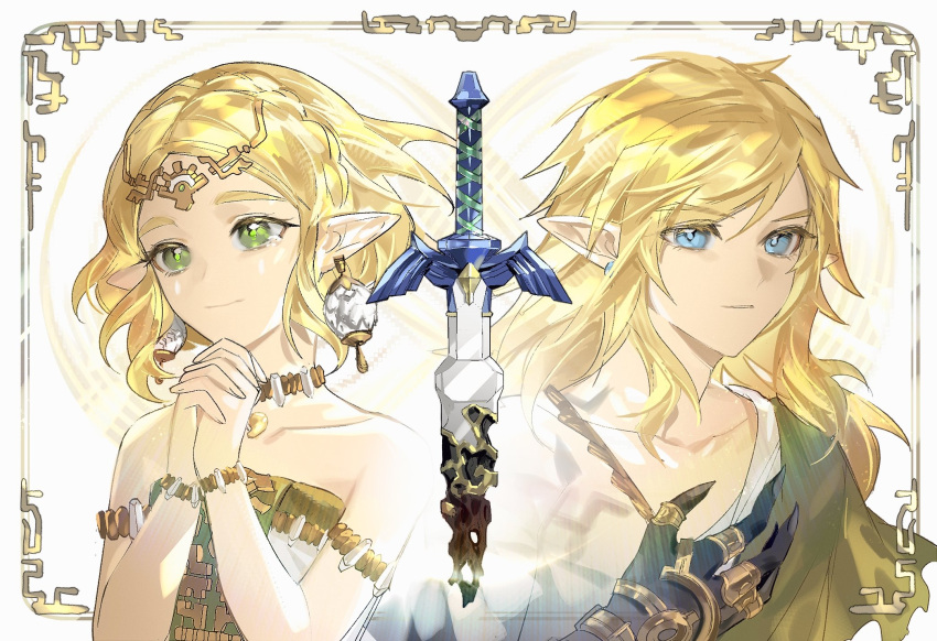 1boy 1girl bare_shoulders blonde_hair blue_eyes bracelet braid closed_mouth collarbone diadem dress duoj_ji earrings fingernails gold_trim green_eyes green_tunic hand_up hands_up highres jewelry link long_hair looking_at_viewer looking_to_the_side necklace official_alternate_costume own_hands_together pointy_ears princess_zelda ring short_hair short_sleeves simple_background single_bare_shoulder sleeveless sleeveless_dress smile standing strapless strapless_dress sword tearing_up the_legend_of_zelda the_legend_of_zelda:_tears_of_the_kingdom tunic upper_body weapon white_background white_dress