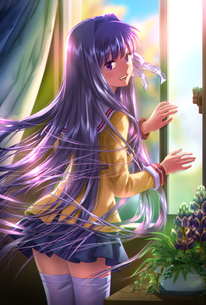 1girl :d aomaru_kazumi backlighting blazer blue_skirt blurry blurry_background blush clannad commentary_request cowboy_shot day eyelashes fingernails floating_hair flower fujibayashi_kyou hair_between_eyes hair_intakes hair_ribbon hand_on_window hand_up highres hikarizaka_private_high_school_uniform indoors jacket long_hair long_sleeves looking_at_viewer looking_back making-of_available miniskirt open_mouth plant pleated_skirt potted_plant purple_flower purple_hair ribbon sailor_collar school_uniform serafuku skirt smile solo standing straight_hair teeth thigh-highs upper_teeth_only very_long_hair violet_eyes white_ribbon white_sailor_collar white_thighhighs wind wind_lift window yellow_jacket zettai_ryouiki