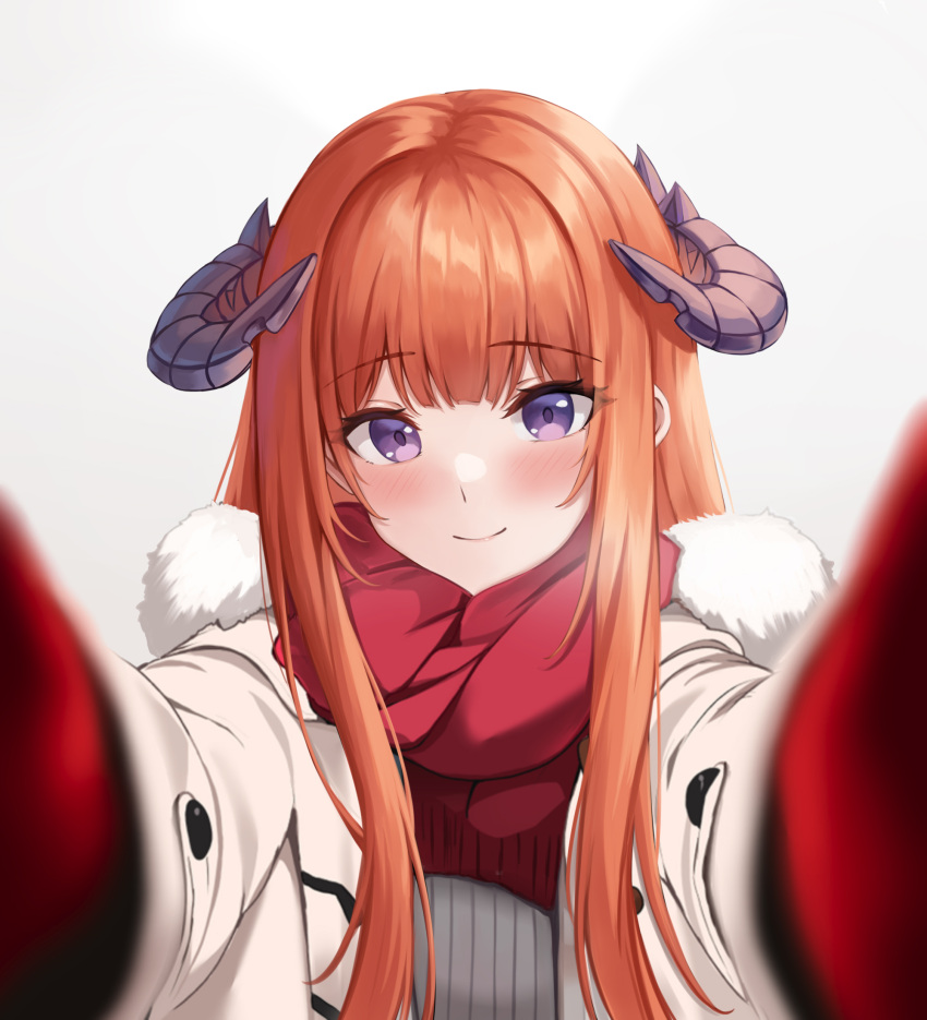 1girl alternate_costume arknights bagpipe_(arknights) blunt_bangs blush coat daisy_cutter dragon_horns english_commentary fur-trimmed_coat fur_trim gloves highres horns long_hair looking_at_viewer meme orange_hair pov pov_cheek_warming_(meme) reaching reaching_towards_viewer red_gloves red_scarf scarf sidelocks smile solo violet_eyes white_background white_coat winter_clothes winter_coat